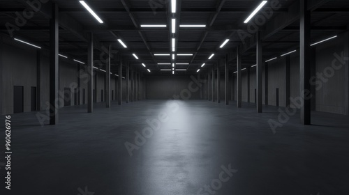 A dark and empty warehouse in a 3D style. Empty space of a warehouse with a timeless tone to the environment.