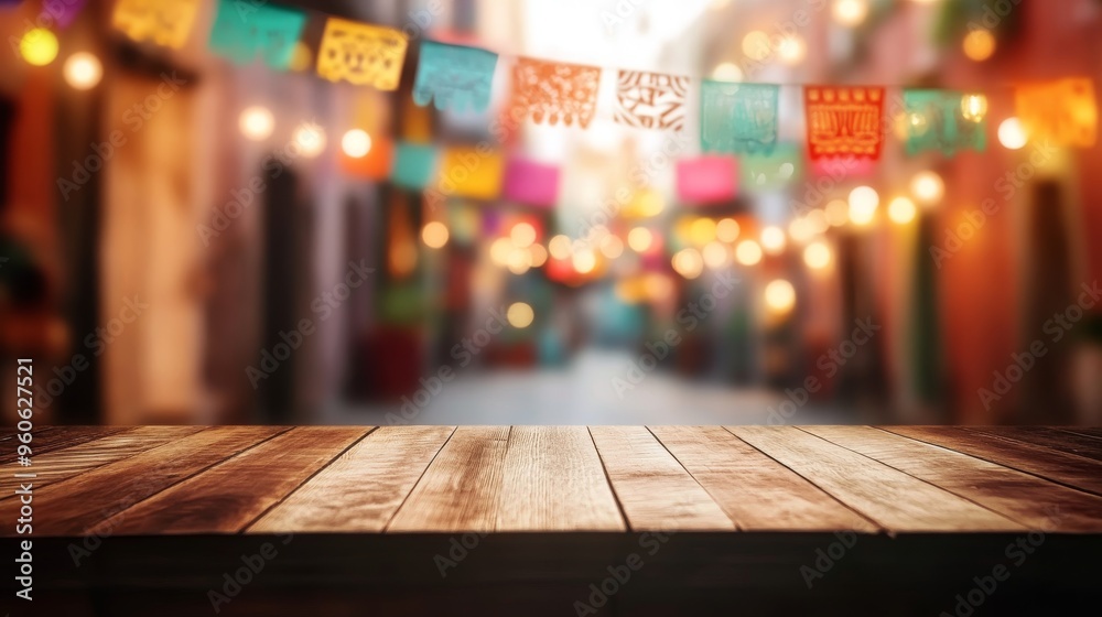 Wooden tabletop with blurred background of colorful flags. Wooden table at a Mexican themed party. Wooden tabletop with blurred background of colorful flags. Wooden table at a Mexican themed party.