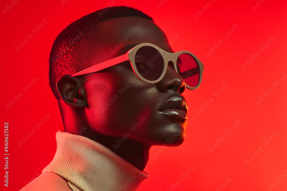Fashionable Mens Light Gray Eyewear with Solid Neon Red High Energy Lifestyle Portrait Background Fashionable Mens Light Gray Eyewear with Solid Neon Red High Energy Lifestyle Portrait Background
