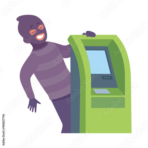 Man Criminal at Bank Terminal Commit Crime and Theft Vector Illustration