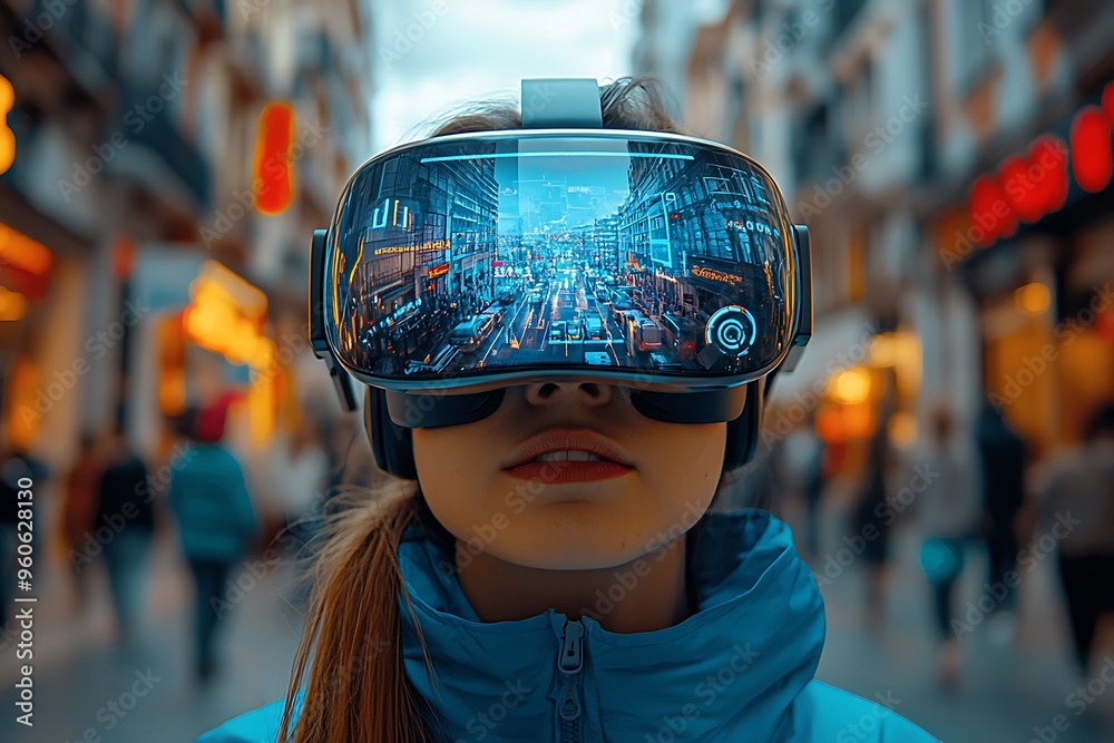 Woman navigating a city using AR glasses, blending virtual maps with the real world. Woman navigating a city using AR glasses, blending virtual maps with the real world.