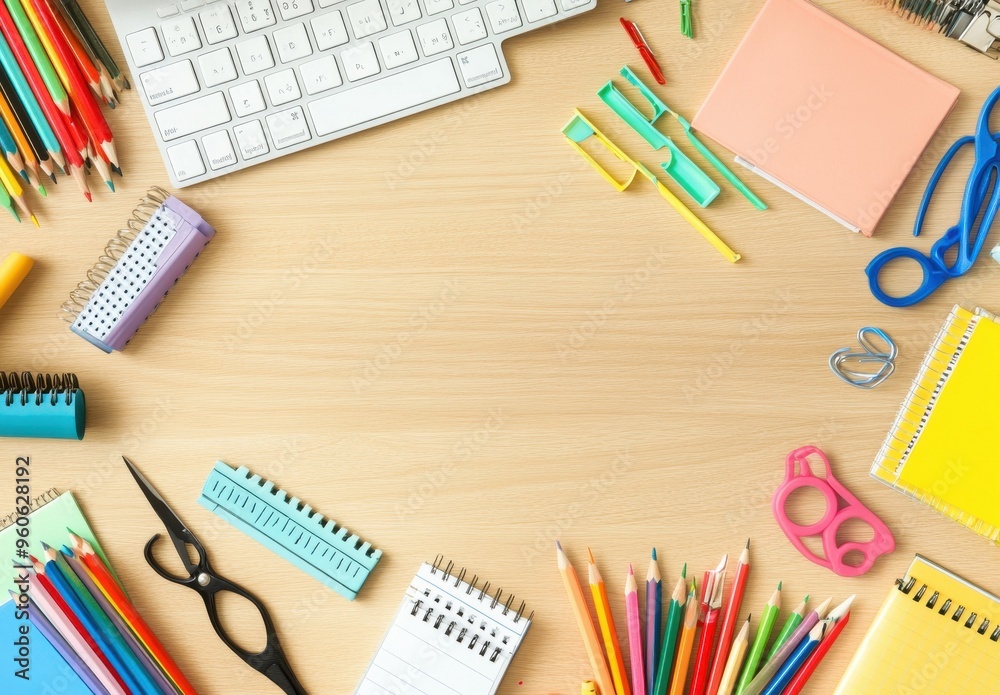 flat lay of stationery and school supplies on an office desk flat lay of stationery and school supplies on an office desk
