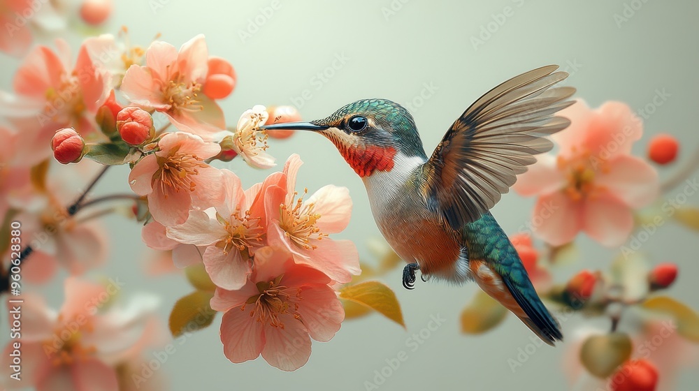 Fototapeta premium Close-up of a hummingbird feeding from blooming flowers, highlighting its iridescent feathers on a white background