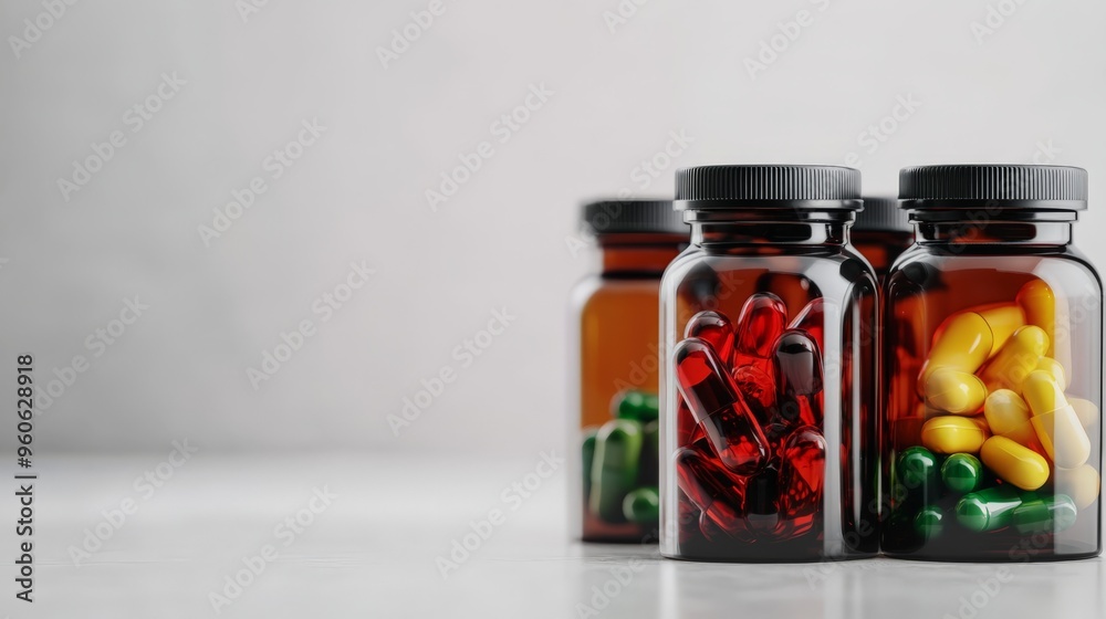Three glass jars filled with colorful capsules on a white background. Medical, pharmaceutical, and health-related concepts. Three glass jars filled with colorful capsules on a white background. Medical, pharmaceutical, and health-related concepts.