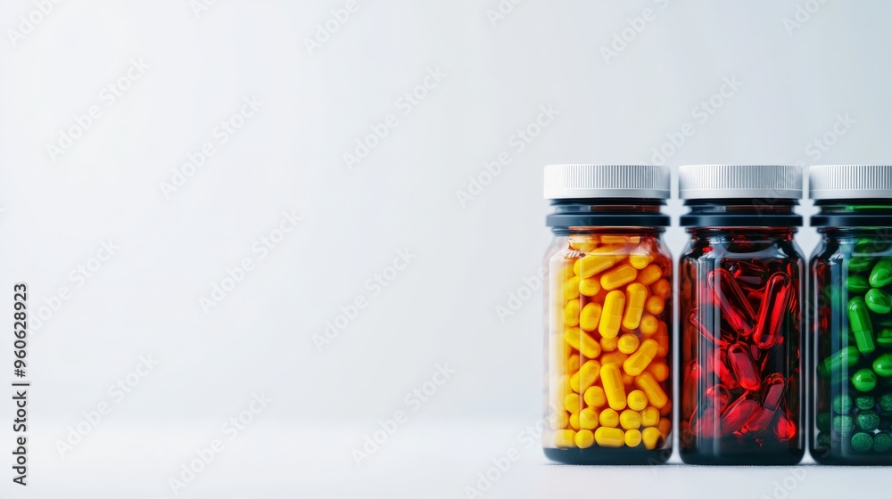 Three glass jars filled with colorful pills on a white background, representing medication, health, and pharmaceutical concepts.