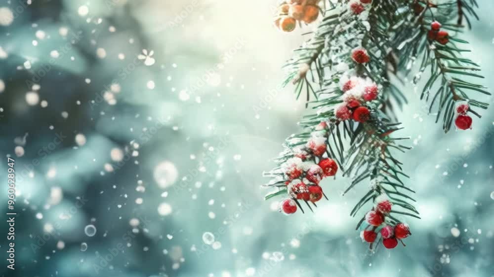 red Christmas balls and fir tree in snow red Christmas balls and fir tree in snow