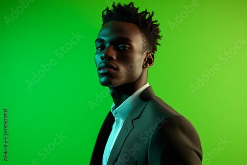 Contemporary Charcoal Suit with Solid Neon Green High Energy Mens Fashion Lifestyle Portrait Background