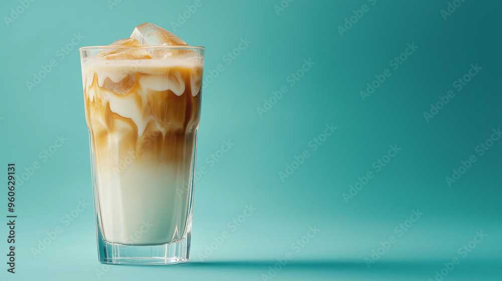ice latte coffee with milk in tall glass , isolated on blue background ice latte coffee with milk in tall glass , isolated on blue background