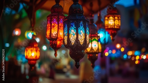 Sharm El Sheikh, Egypt - November 20, 2021: Multicolored traditional muslim lamps glowing at night at the market in the Soho Moll. Ramadan background. 