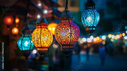 Sharm El Sheikh, Egypt - November 20, 2021: Multicolored traditional muslim lamps glowing at night at the market in the Soho Moll. Ramadan background. 