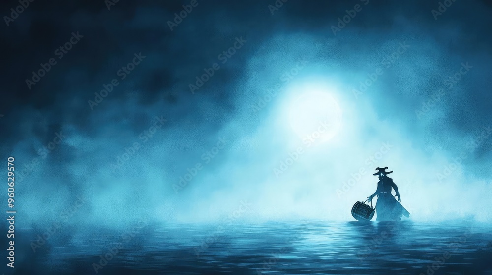 Fototapeta premium A mysterious figure paddles through foggy waters under a glowing moon, evoking feelings of adventure and intrigue.