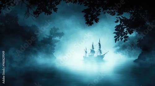 Mysterious ship sailing through dense fog under a moonlit sky, creating an atmosphere of adventure and intrigue.