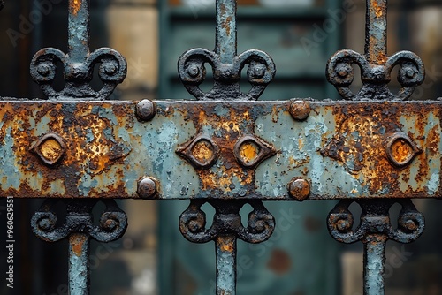 Close-up of a rusting metal gate with intricate patterns, reflecting soft light.