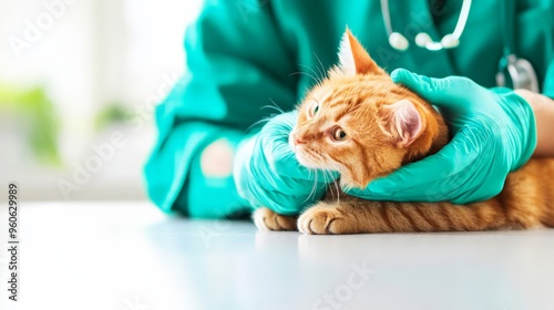 Veterinarian in teal scrubs examines an orange cat, providing a checkup on a white table in a well-lit clinic environment. photo