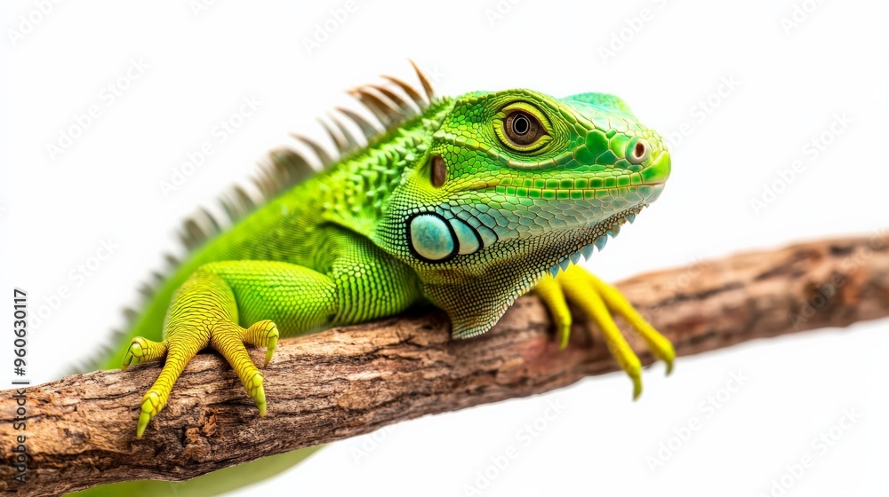 Vibrant green iguana resting on a branch, isolated on white background. Perfect stock photo for nature, wildlife, and reptile themes. Vibrant green iguana resting on a branch, isolated on white background. Perfect stock photo for nature, wildlife, and reptile themes.