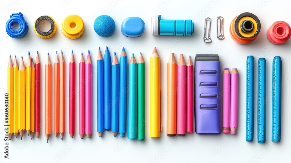 Obraz premium Colorful clipart of office supplies and tools on a white background