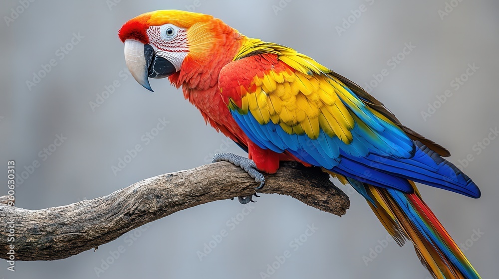 Colorful parrot perched on a branch with its vibrant feathers displayed on a white background Colorful parrot perched on a branch with its vibrant feathers displayed on a white background