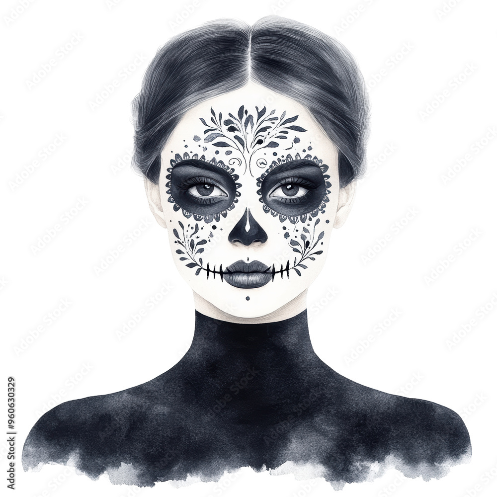 Monochromatic sugar skull portrait with intricate black-and-white face paint, representing Día de los Muertos in a minimalist, elegant style. Monochromatic sugar skull portrait with intricate black-and-white face paint, representing Día de los Muertos in a minimalist, elegant style.