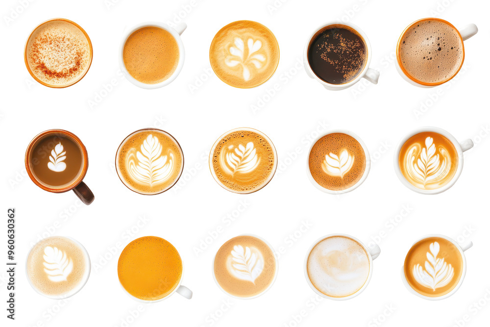 op view of various cups of coffee and latte art, arranged in rows on a white background. Ideal for cafe, coffee shop, or barista concepts. op view of various cups of coffee and latte art, arranged in rows on a white background. Ideal for cafe, coffee shop, or barista concepts.