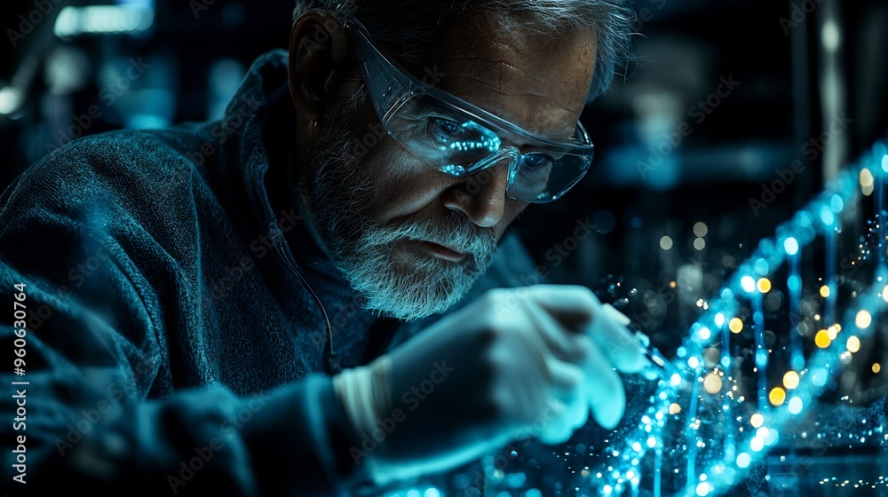 Scientist using CRISPRCas9 geneediting tools in a hightech genetic laboratory with DNA helix visuals Scientist using CRISPRCas9 geneediting tools in a hightech genetic laboratory with DNA helix visuals