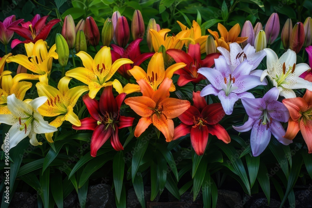 Row of OT hybrid lilies in various colors Row of OT hybrid lilies in various colors