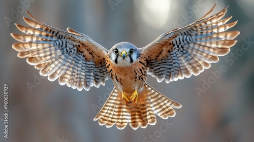 Common Kestrel with spread wings on white background