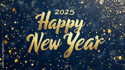 stockphoto, golden and dark blue gradient background text " 2025 Happy New Year" in elegant writing. Golden numbers 2025. Design element for new year greeting card, invitiation card. Promotional poste