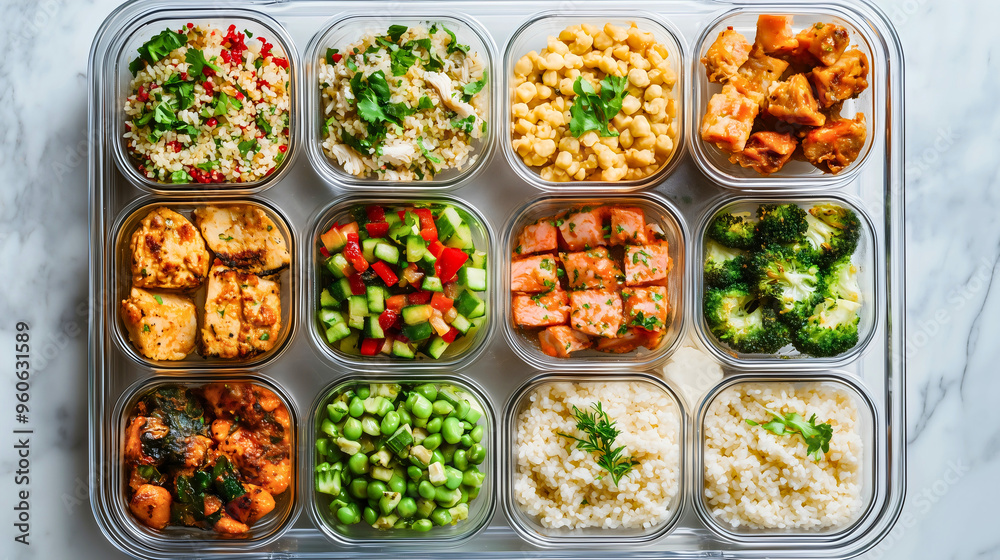 Healthy Meal Preparation Fresh, Delicious Food Portions in Plastic Containers for Breakfast, Lunch or Dinner Top View of Organic Vegetables Meat Salad for a Nutritious, Tasty Diet, calorie assortment