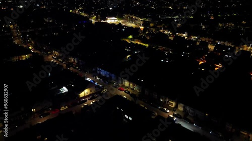 High Angle View of British Town of England at Night, Drone's footage after sunset from High Altitude photo