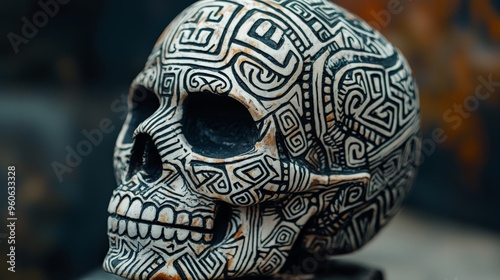 Skull with tribal markings, bold lines and patterns, cultural significance