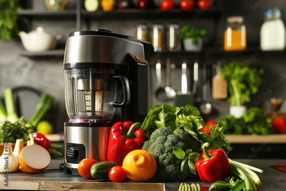 Sleek juicer with fresh produce on kitchen table