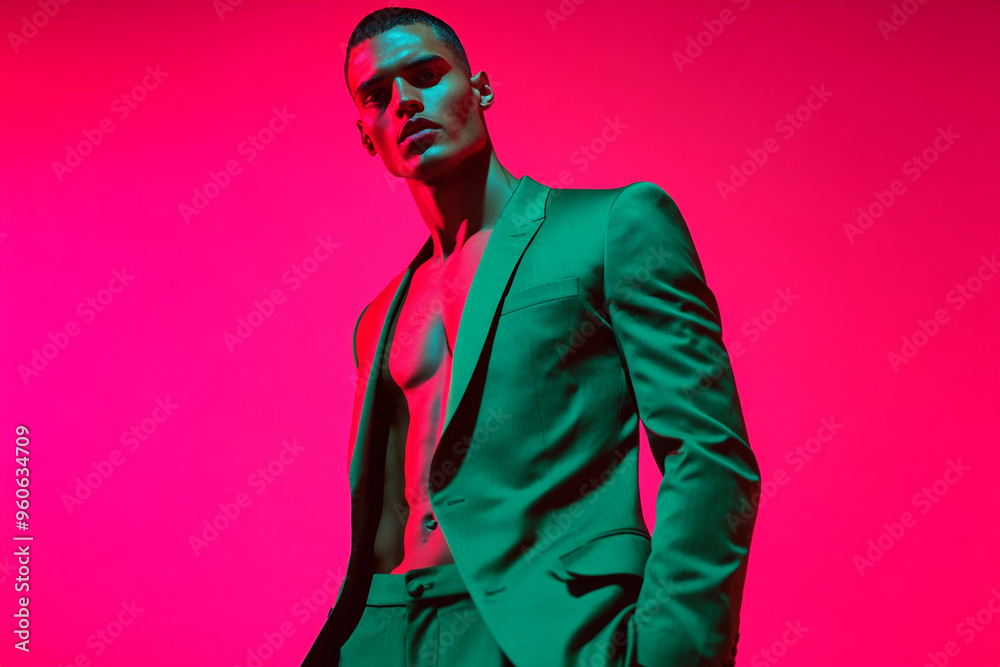Stylish Mens Deep Green Suit with Solid Neon Pink Modern Fashion Lifestyle Portrait Background Stylish Mens Deep Green Suit with Solid Neon Pink Modern Fashion Lifestyle Portrait Background