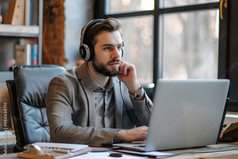 Hombre con auriculares trabajando con un laptop. Hombre con auriculares trabajando con un laptop.