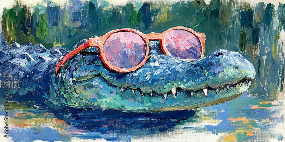 An alligator with pink sunglasses in a painting style.
