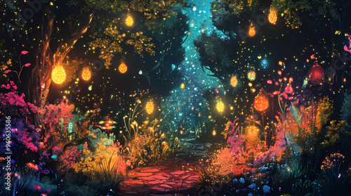 Glowin enchanted forest wonderland from generative ai. Enchanted Forest. Illustration