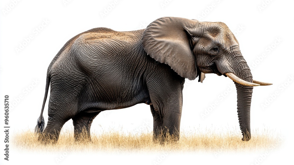 Fototapeta premium Elephant clipart featuring its large stature and tusks on a white background