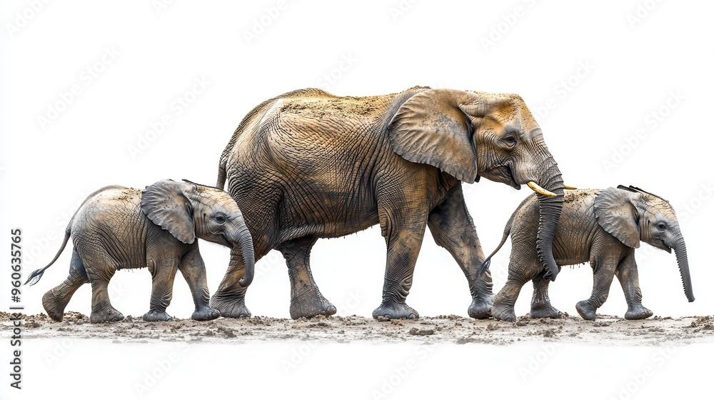 Fototapeta premium Elephant family clipart showing adults and calves on a white background