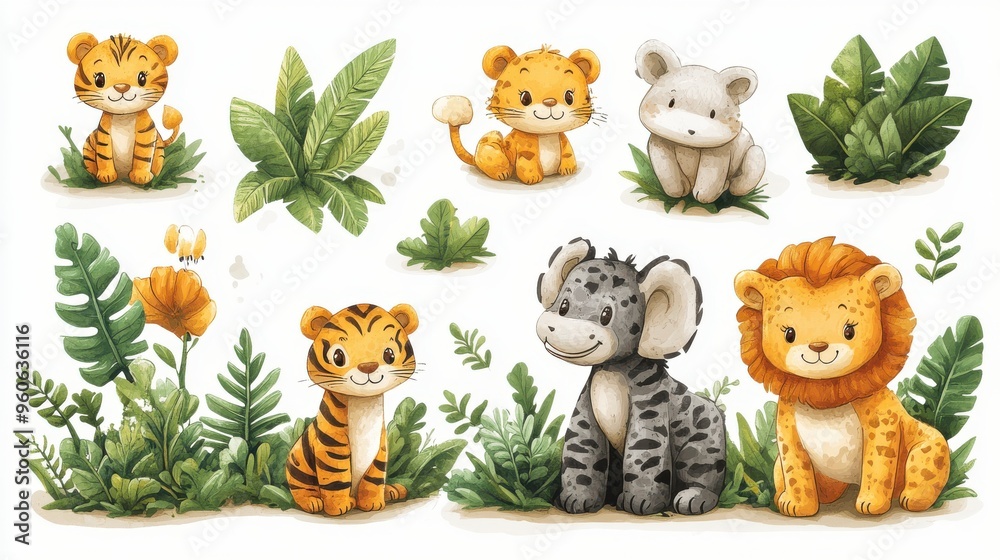 Fototapeta premium Endangered species clipart with a focus on critical habitat and protection efforts on a white background