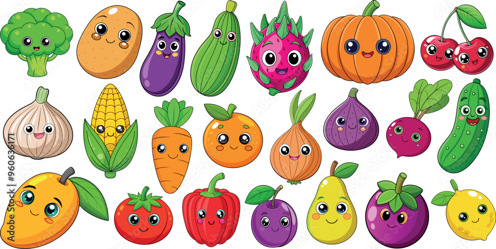 Naklejka premium Kawaii fruits and vegetables vector set