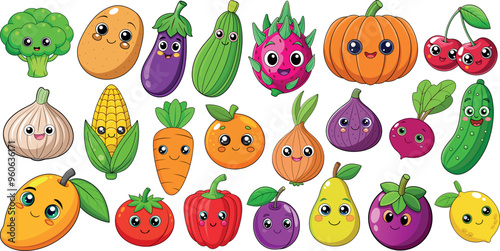 Kawaii fruits and vegetables vector set