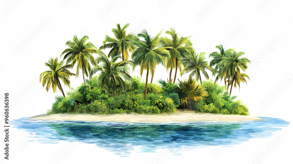 Tropical island with trees travel summer holiday vacation idea concept, isolated on white background, image ai generate. Tropical Island. Illustration Tropical island with trees travel summer holiday vacation idea concept, isolated on white background, image ai generate. Tropical Island. Illustration