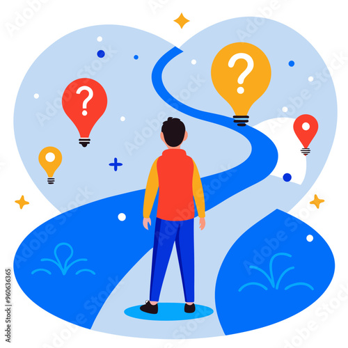 Person on a path of self-discovery with vibrant question mark balloons, contemplative mood, digital illustration