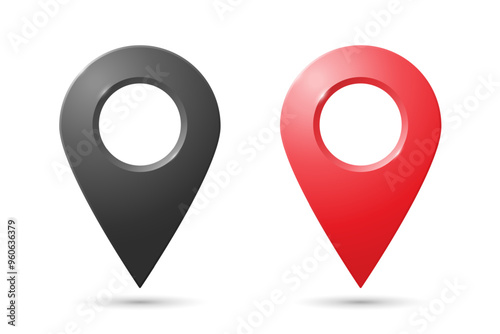 Realistic geolocation icons in red and black on a white background. A set of geolocation map pin code icons. Vector EPS 10.