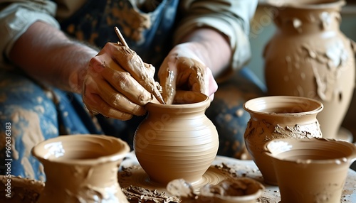 The details of craftsmen making pottery pots with clay show the process of concentration and creation.