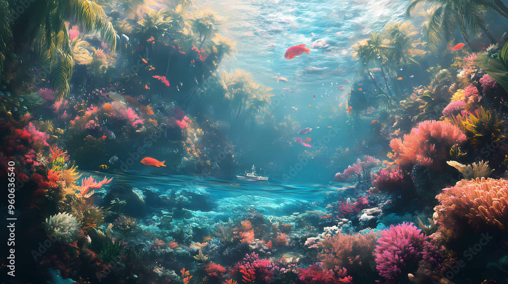 A breathtaking painting of a paradise on earth, depicting a lush, tropical island teeming with vibrant coral reefs. generative ai. Tropical Island. Illustration A breathtaking painting of a paradise on earth, depicting a lush, tropical island teeming with vibrant coral reefs. generative ai. Tropical Island. Illustration
