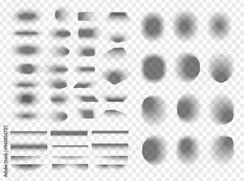 Square and rectangle box shadow effects. Realistic overlay and transparent shadows vector set, shades falling from objects on floor with soft black edges and dark corners, transparent background
