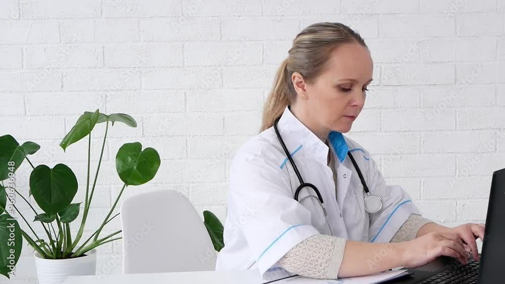 A practicing female doctor with blond hair of European appearance looks at the results of the examination on the computer. She is in the doctor's office in a white coat. Slow motion video. A practicing female doctor with blond hair of European appearance looks at the results of the examination on the computer. She is in the doctor's office in a white coat. Slow motion video.