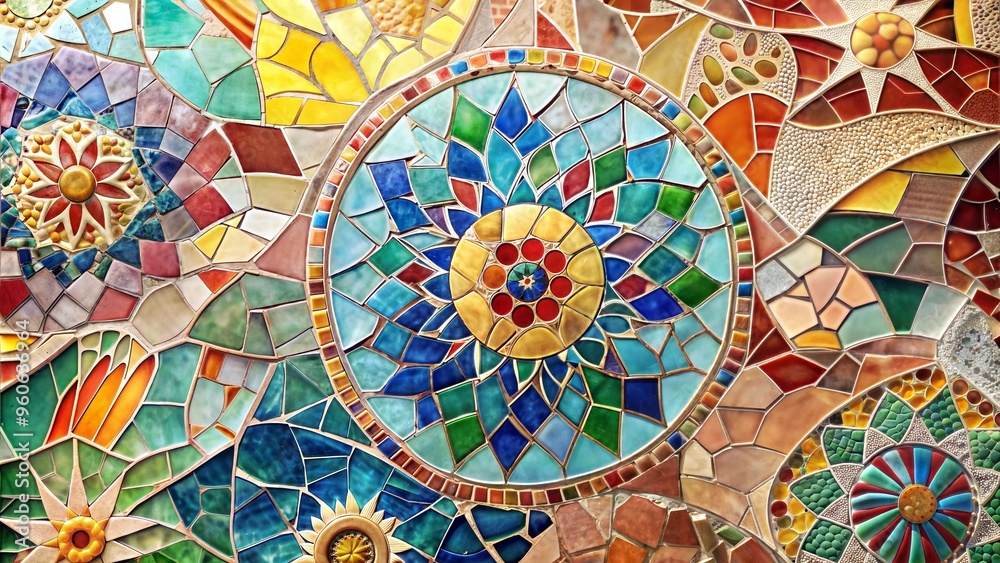 Vibrant mosaic tile art with colorful patterns, intricate geometric design Vibrant mosaic tile art with colorful patterns, intricate geometric design