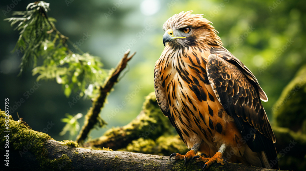 A majestic hawk perching on a branch staring into the camera A majestic hawk perching on a branch staring into the camera