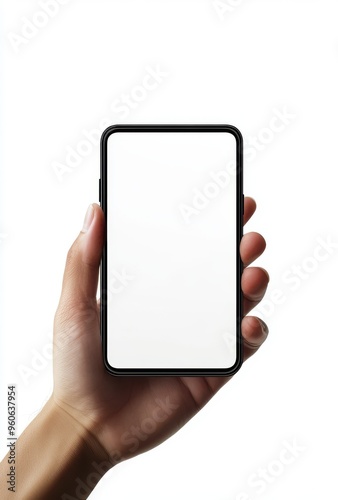 Hand holding a smartphone with a blank screen